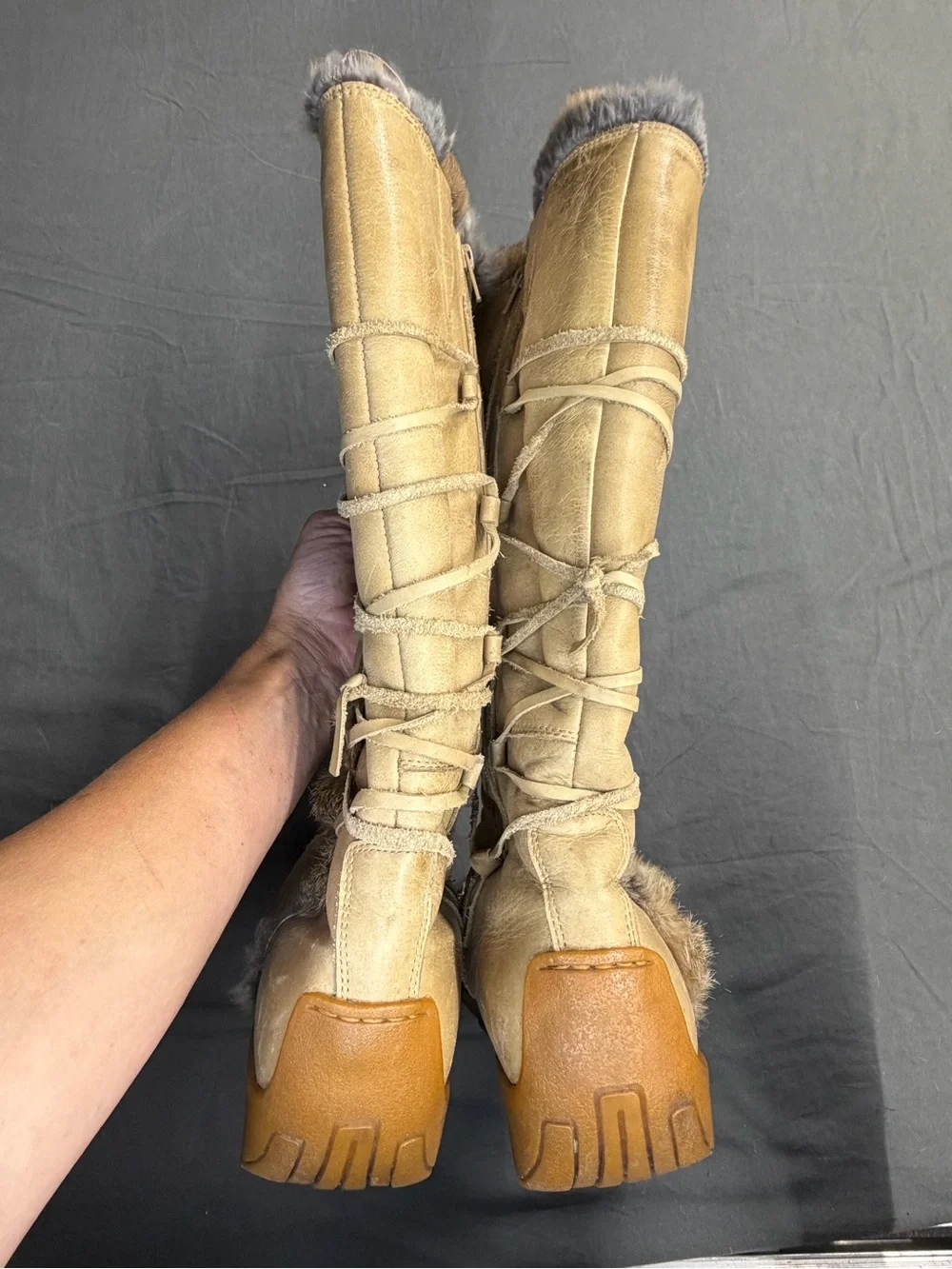 VTG Destroy Y2K Cream Leather Fur Trim Lace Up Boots VAILLA01 Size 11
